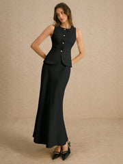 Poéselle 2pcs Excellent Minimalist Sharp, Single-Breasted Vest And Skirt Set