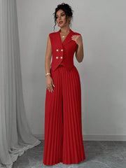 Elenzga Women Elegant Solid Color Notched Lapel Double Breasted Waistcoat And Wide Leg Pleated Suit Pants Set