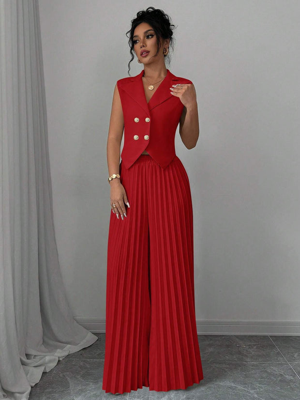 Elenzga Women Elegant Solid Color Notched Lapel Double Breasted Waistcoat And Wide Leg Pleated Suit Pants Set