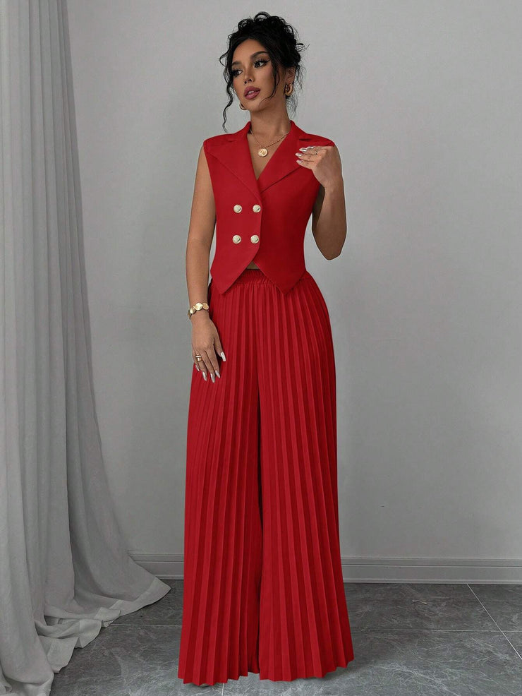 Elenzga Women Elegant Solid Color Notched Lapel Double Breasted Waistcoat And Wide Leg Pleated Suit Pants Set