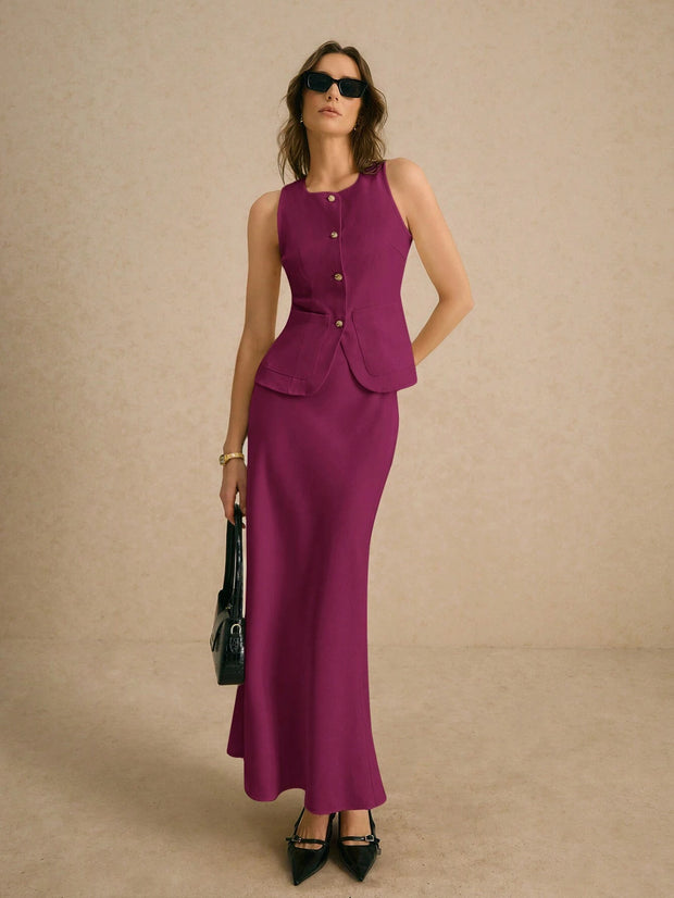 Poéselle 2pcs Excellent Minimalist Sharp, Single-Breasted Vest And Skirt Set