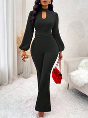 SOLERSUN Keyhole Neckline Lantern Sleeve Flare Leg Jumpsuit
