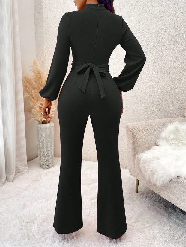 SOLERSUN Keyhole Neckline Lantern Sleeve Flare Leg Jumpsuit