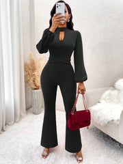 SOLERSUN Keyhole Neckline Lantern Sleeve Flare Leg Jumpsuit
