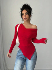 Rafferiza Women's Solid Color Open Shoulder Long Sleeve Casual Top, Everyday Wear