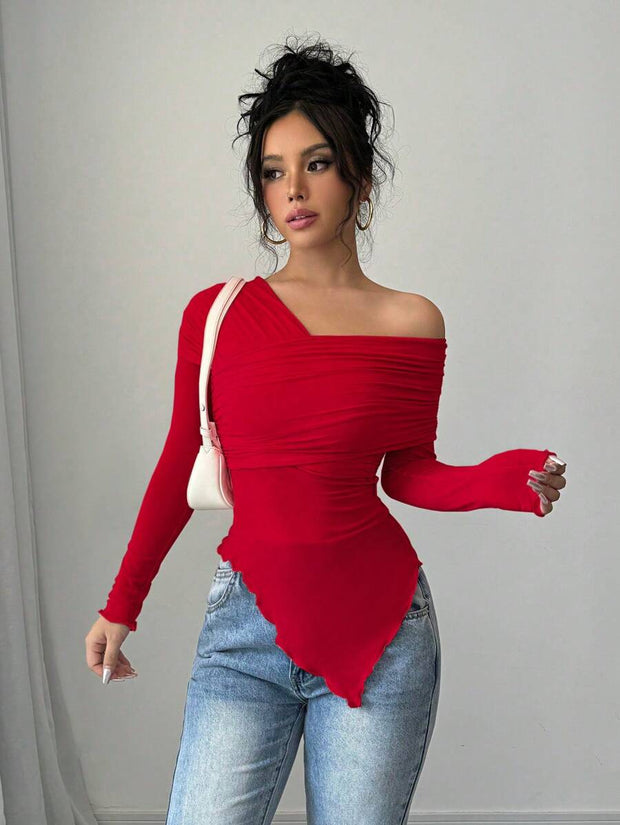 Rafferiza Women's Solid Color Open Shoulder Long Sleeve Casual Top, Everyday Wear