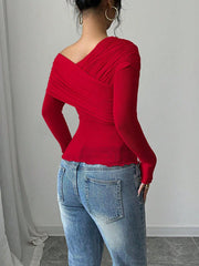 Rafferiza Women's Solid Color Open Shoulder Long Sleeve Casual Top, Everyday Wear