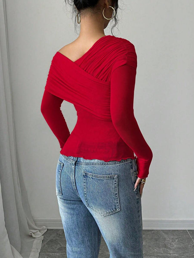 Rafferiza Women's Solid Color Open Shoulder Long Sleeve Casual Top, Everyday Wear