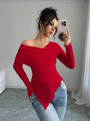 Rafferiza Women's Solid Color Open Shoulder Long Sleeve Casual Top, Everyday Wear