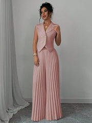 Elenzga Women Elegant Solid Color Notched Lapel Double Breasted Waistcoat And Wide Leg Pleated Suit Pants Set