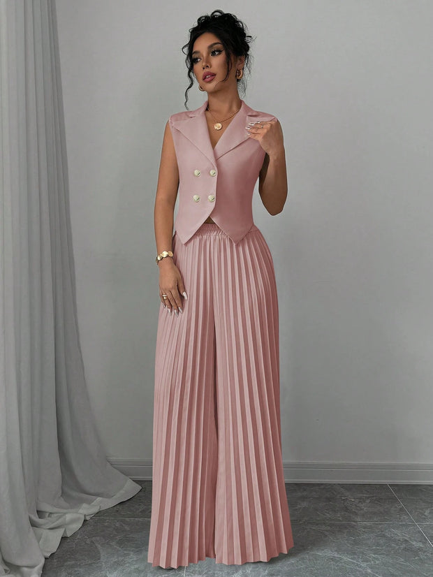 Elenzga Women Elegant Solid Color Notched Lapel Double Breasted Waistcoat And Wide Leg Pleated Suit Pants Set