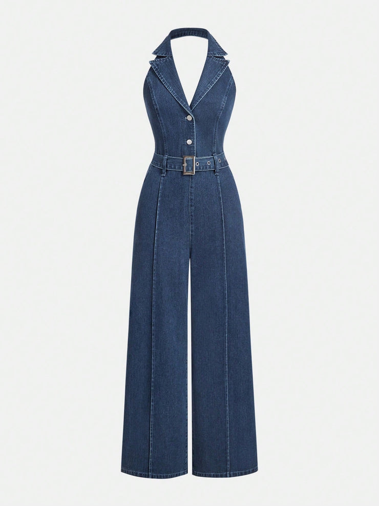 SHEIN MOD Women's Casual Denim Sleeveless Halter Jumpsuit