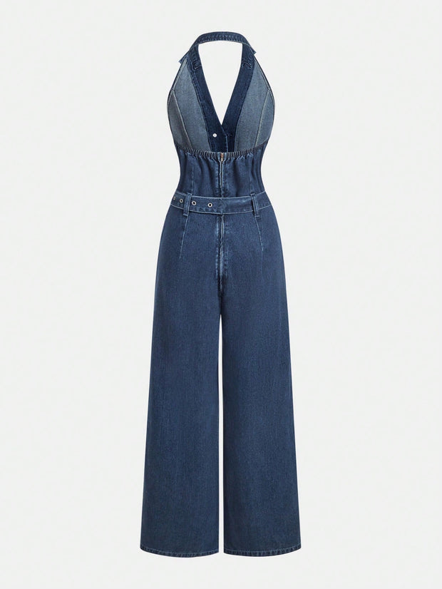 SHEIN MOD Women's Casual Denim Sleeveless Halter Jumpsuit