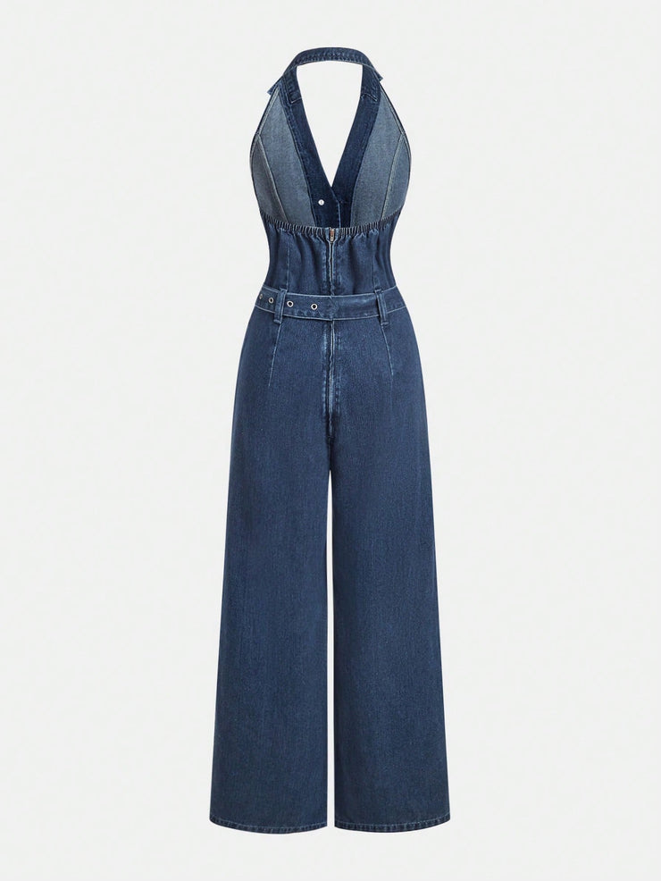 SHEIN MOD Women's Casual Denim Sleeveless Halter Jumpsuit