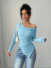 Rafferiza Women's Solid Color Open Shoulder Long Sleeve Casual Top, Everyday Wear