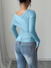 Rafferiza Women's Solid Color Open Shoulder Long Sleeve Casual Top, Everyday Wear