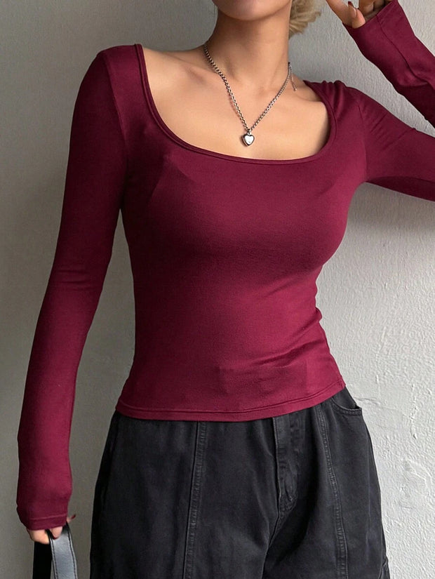 DAZY Women's Solid Color Large Round Neck T-Shirt