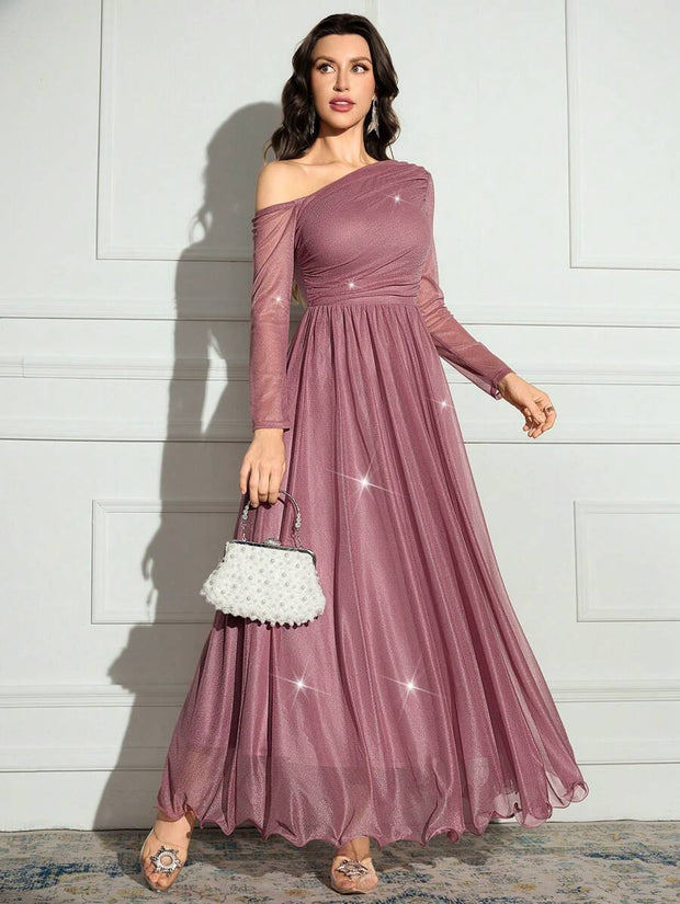 Modelyn Women's Solid Color Asymmetrical Neck Sparkly Glamorous Elegant Dress.