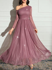 Modelyn Women's Solid Color Asymmetrical Neck Sparkly Glamorous Elegant Dress.
