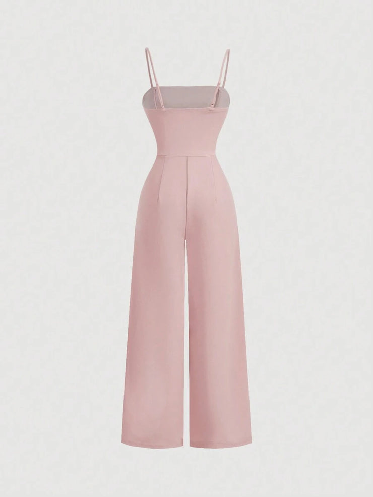 Pink Luxury Pearl Glitter Wide Leg Jumpsuit, Wedding Women Jumpsuit