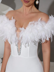 Modphy Feather Decor Sexy Women's V-Neck Open Shoulder Backless Bandage Midi Dress, Elegant, Formal Gown