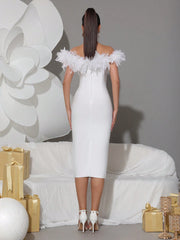 Modphy Feather Decor Sexy Women's V-Neck Open Shoulder Backless Bandage Midi Dress, Elegant, Formal Gown