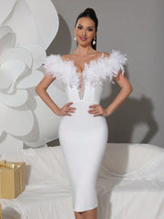Modphy Feather Decor Sexy Women's V-Neck Open Shoulder Backless Bandage Midi Dress, Elegant, Formal Gown