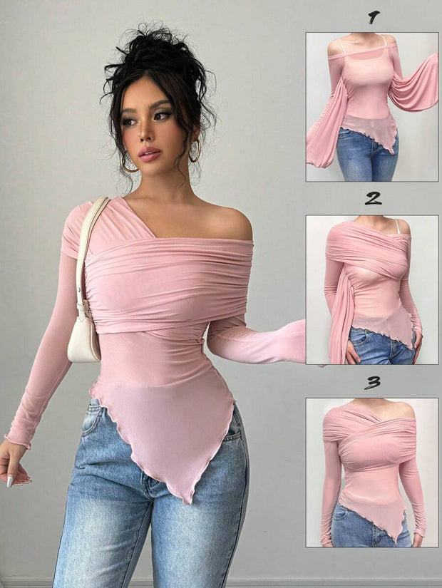 Rafferiza Women's Solid Color Open Shoulder Long Sleeve Casual Top, Everyday Wear