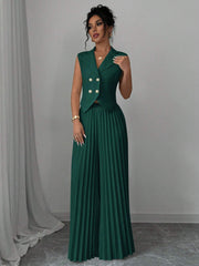 Elenzga Women Elegant Solid Color Notched Lapel Double Breasted Waistcoat And Wide Leg Pleated Suit Pants Set
