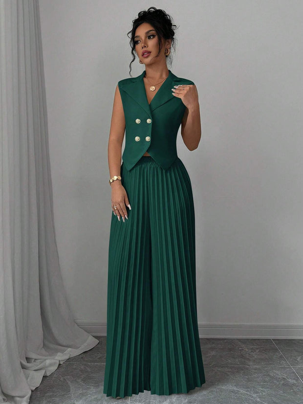 Elenzga Women Elegant Solid Color Notched Lapel Double Breasted Waistcoat And Wide Leg Pleated Suit Pants Set