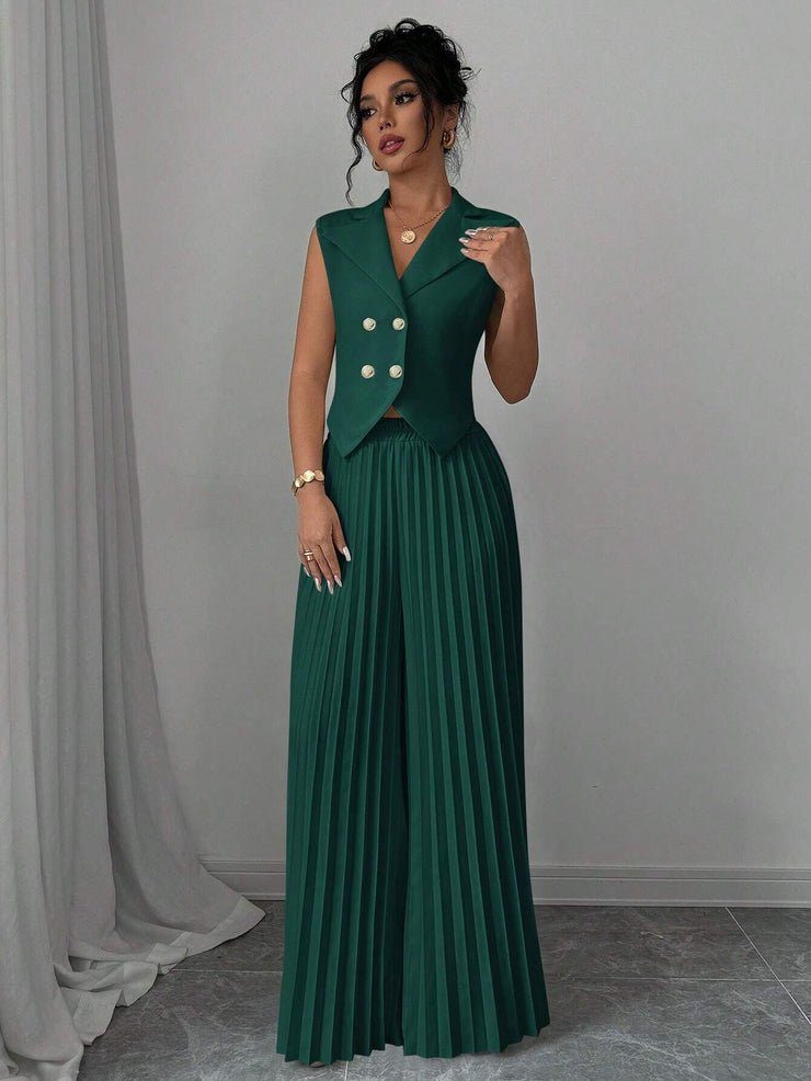 Elenzga Women Elegant Solid Color Notched Lapel Double Breasted Waistcoat And Wide Leg Pleated Suit Pants Set