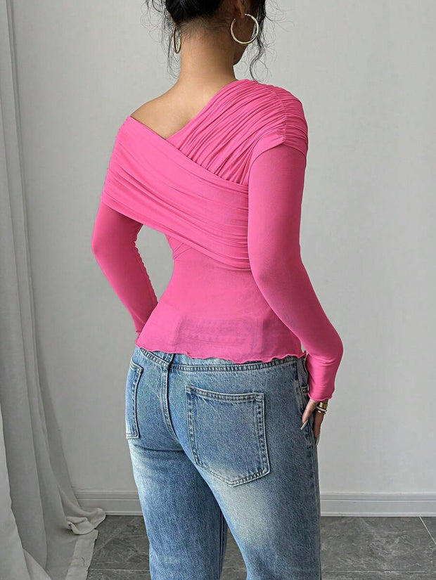 Rafferiza Women's Solid Color Open Shoulder Long Sleeve Casual Top, Everyday Wear