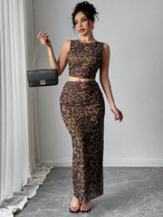 Rafferiza Women Elegant Leopard Print Sleeveless Tank And Mini Skirt 2 Pieces Set