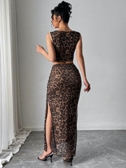Rafferiza Women Elegant Leopard Print Sleeveless Tank And Mini Skirt 2 Pieces Set