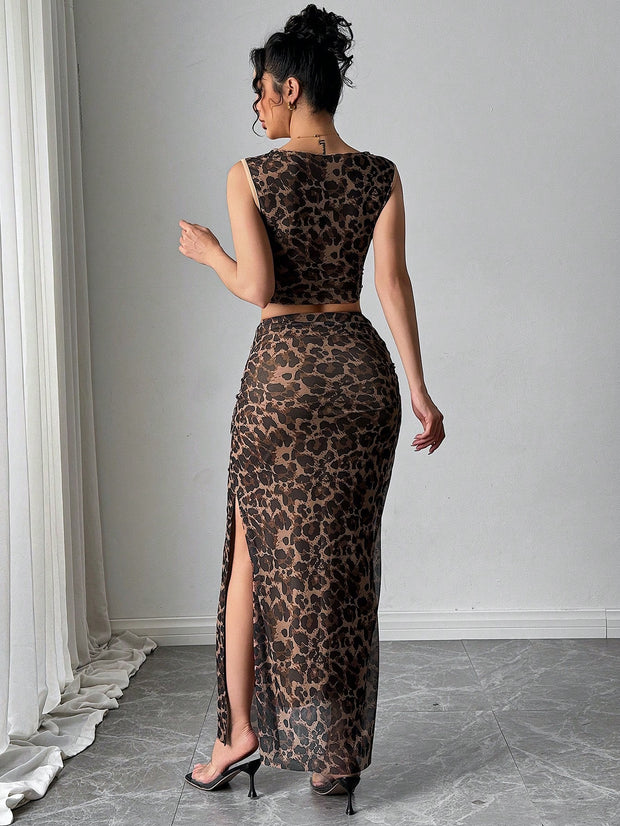 Rafferiza Women Elegant Leopard Print Sleeveless Tank And Mini Skirt 2 Pieces Set