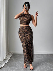 Rafferiza Women Elegant Leopard Print Sleeveless Tank And Mini Skirt 2 Pieces Set