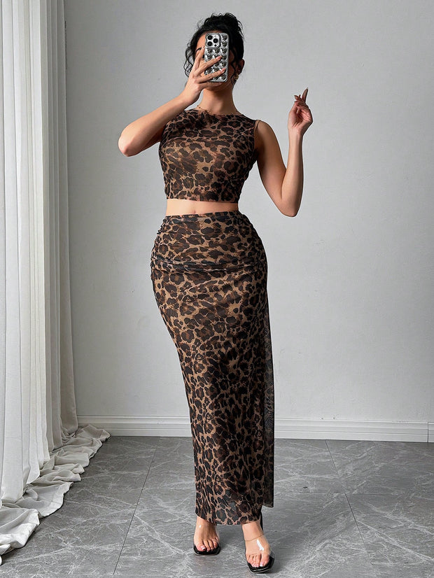 Rafferiza Women Elegant Leopard Print Sleeveless Tank And Mini Skirt 2 Pieces Set