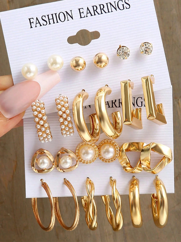 24-12pcs Women Faux Pearl Earrings Set, Elegant Style