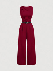 SHEIN MOD 1pc Women Pleated Jumpsuit With Belt, Casual Style