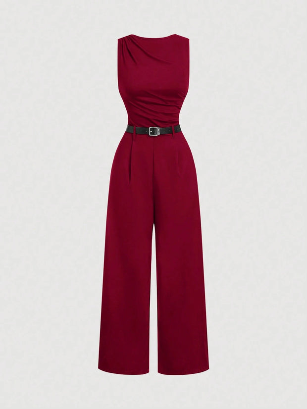 SHEIN MOD 1pc Women Pleated Jumpsuit With Belt, Casual Style