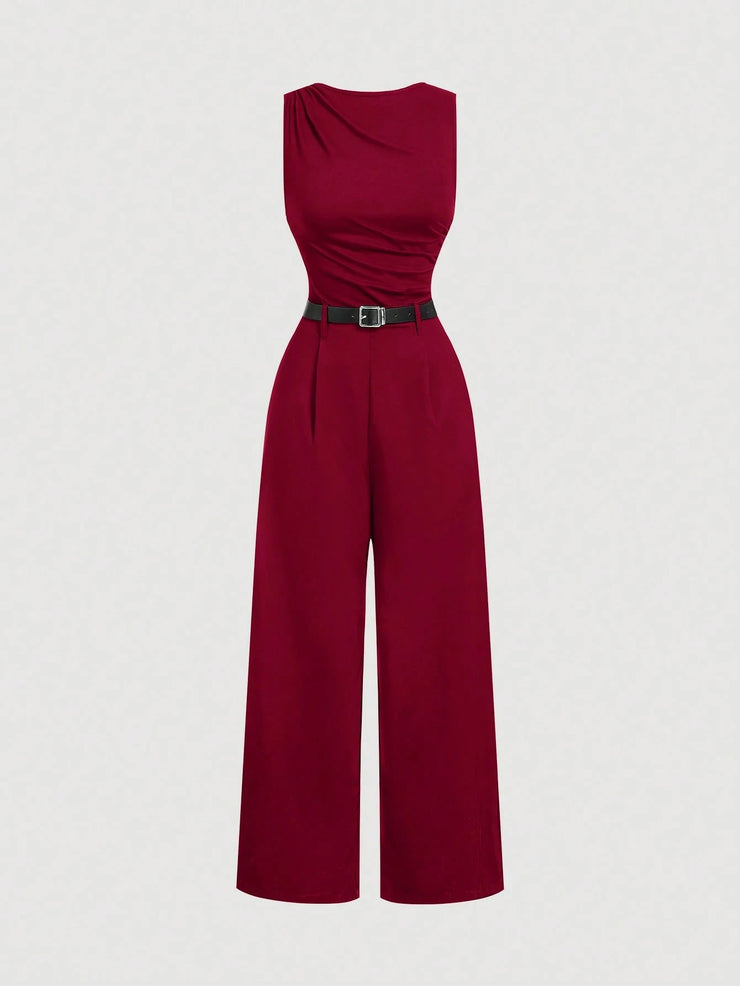 SHEIN MOD 1pc Women Pleated Jumpsuit With Belt, Casual Style