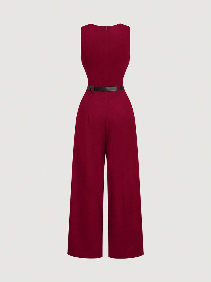 SHEIN MOD 1pc Women Pleated Jumpsuit With Belt, Casual Style