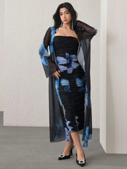 Modelyn 2pcs/Set Women Floral Print Long Sleeve Cardigan And Dress Casual Outfit