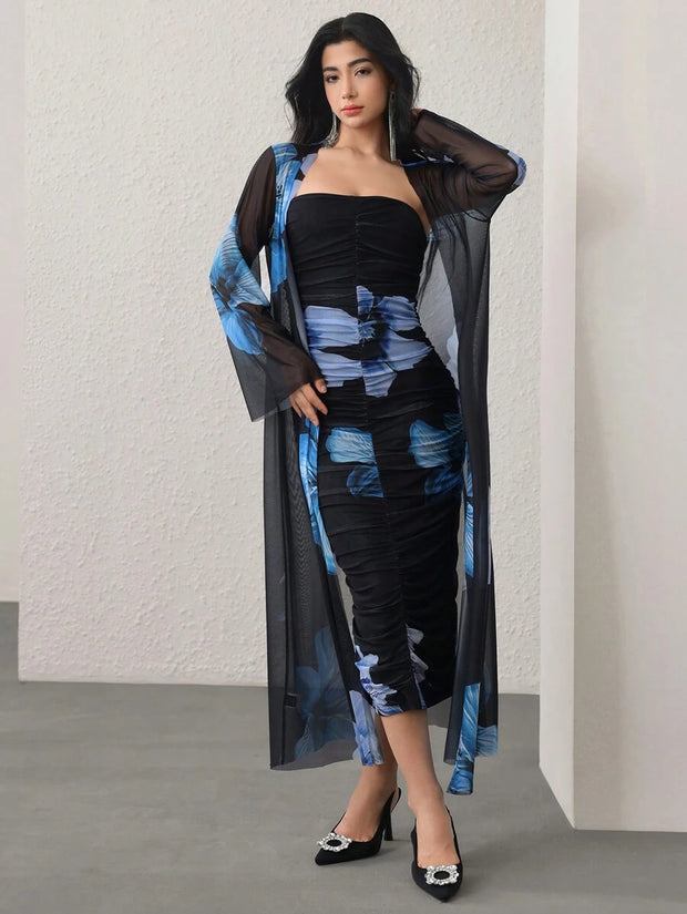 Modelyn 2pcs/Set Women Floral Print Long Sleeve Cardigan And Dress Casual Outfit