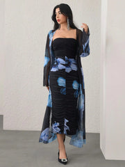 Modelyn 2pcs/Set Women Floral Print Long Sleeve Cardigan And Dress Casual Outfit