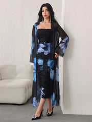 Modelyn 2pcs/Set Women Floral Print Long Sleeve Cardigan And Dress Casual Outfit