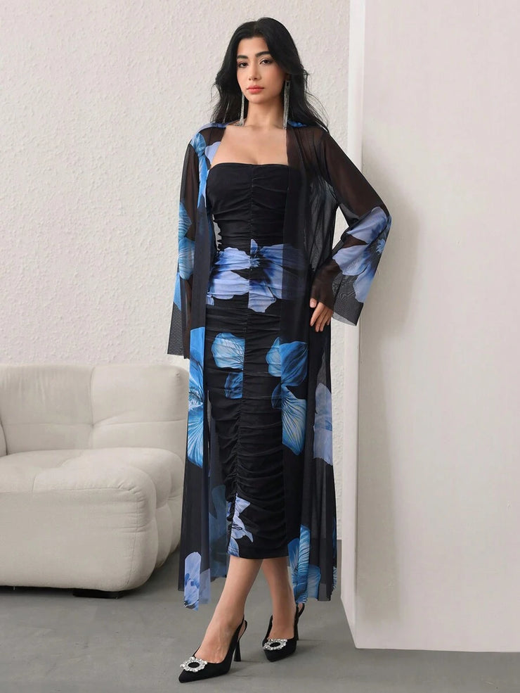 Modelyn 2pcs/Set Women Floral Print Long Sleeve Cardigan And Dress Casual Outfit