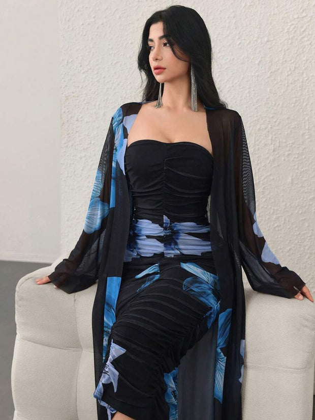 Modelyn 2pcs/Set Women Floral Print Long Sleeve Cardigan And Dress Casual Outfit