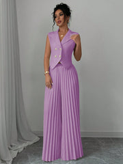 Elenzga Women Elegant Solid Color Notched Lapel Double Breasted Waistcoat And Wide Leg Pleated Suit Pants Set