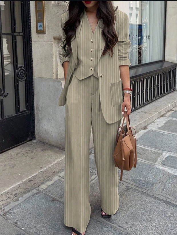3pcs Women Spring/Summer Casual/Office Wear Striped Jacket, Vest And Pants Set